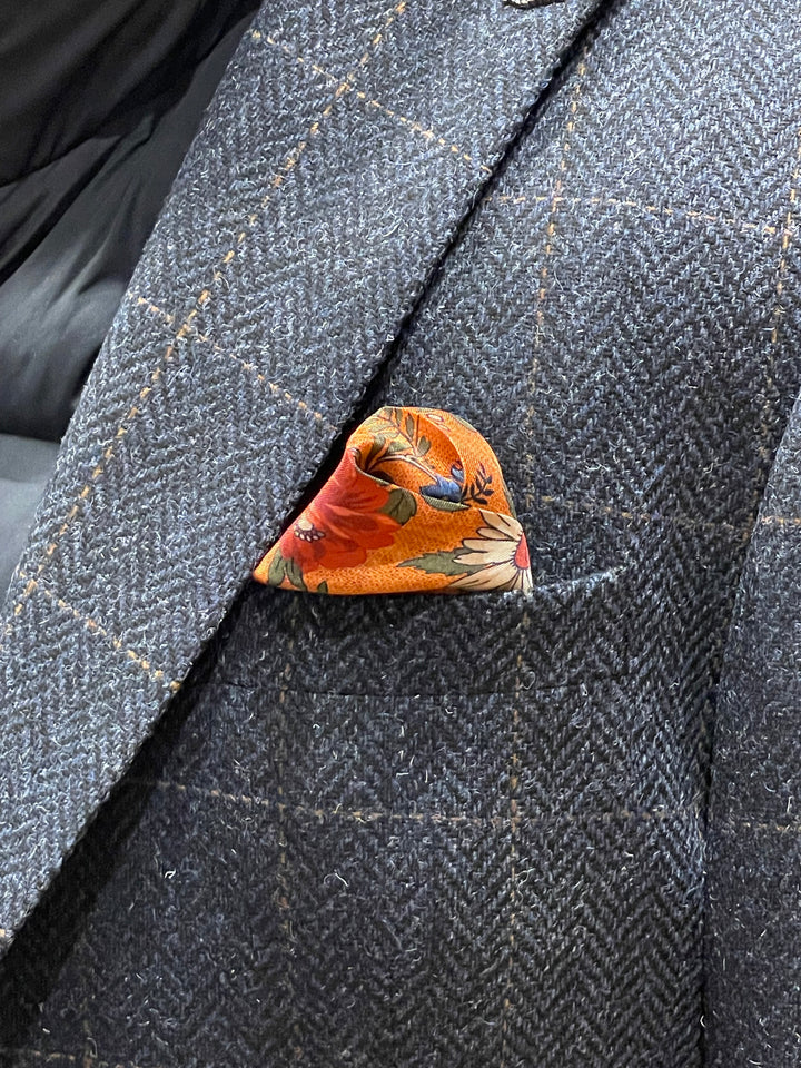Italian Silk Pocket Square - Floral Design Orange