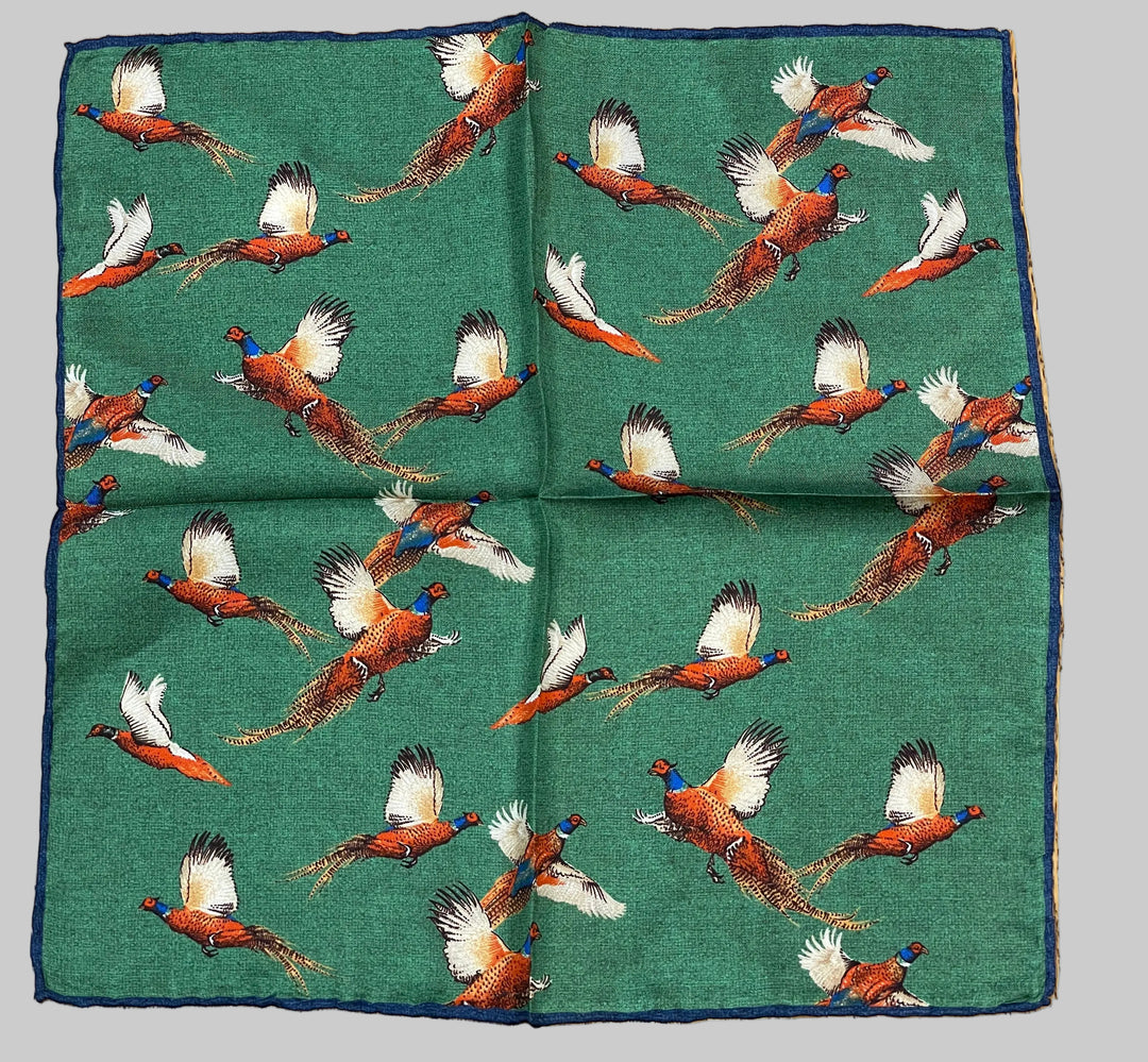Italian Wool and Silk Pocket Square - Flying Pheasants Green