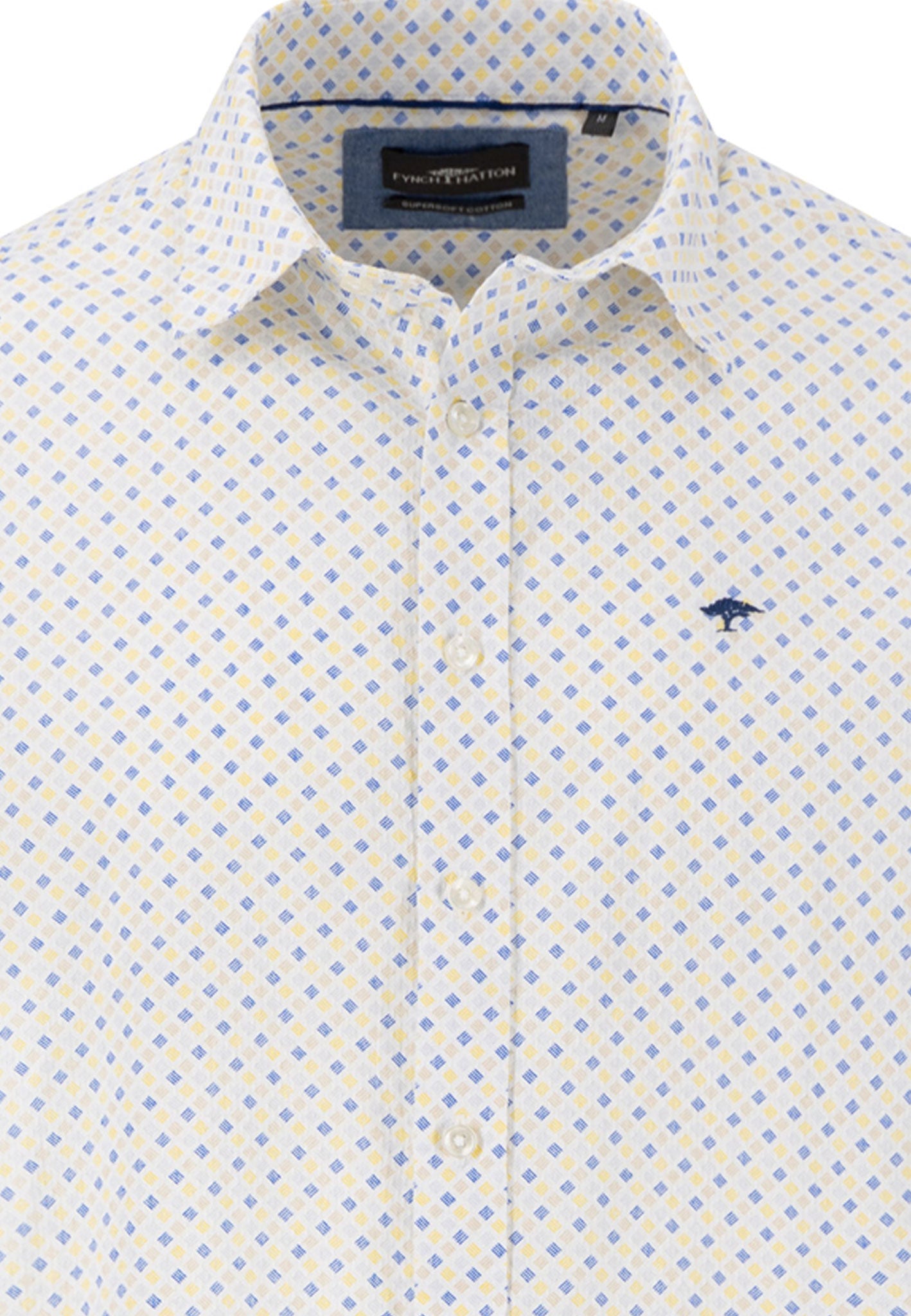 Fynch Hatton Square Print Cotton 1/2 Sleeve Shirt - Yellow/ Blue