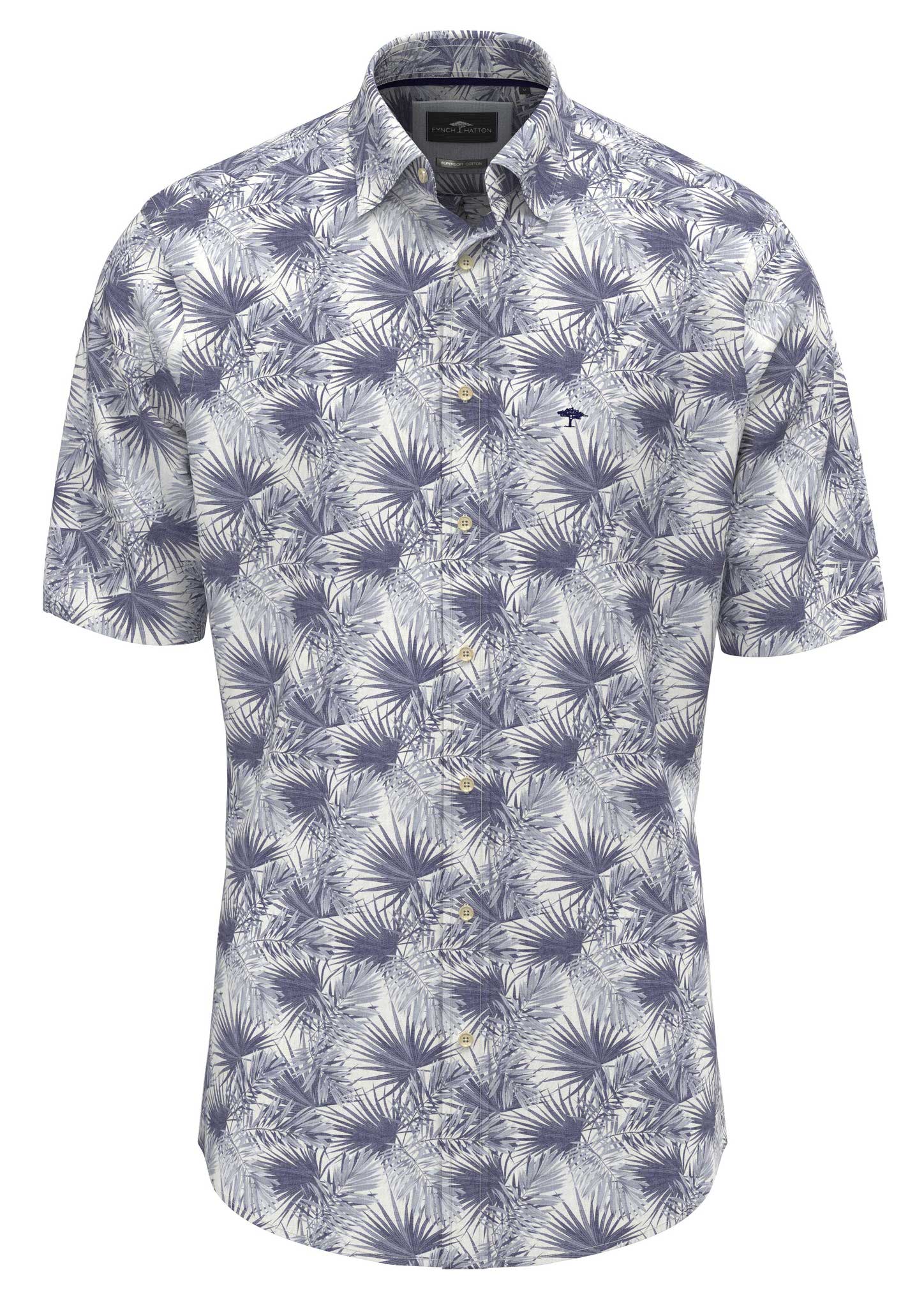 Fynch Hatton Summer Flower Print Cotton 1/2 Sleeve Shirt - Navy