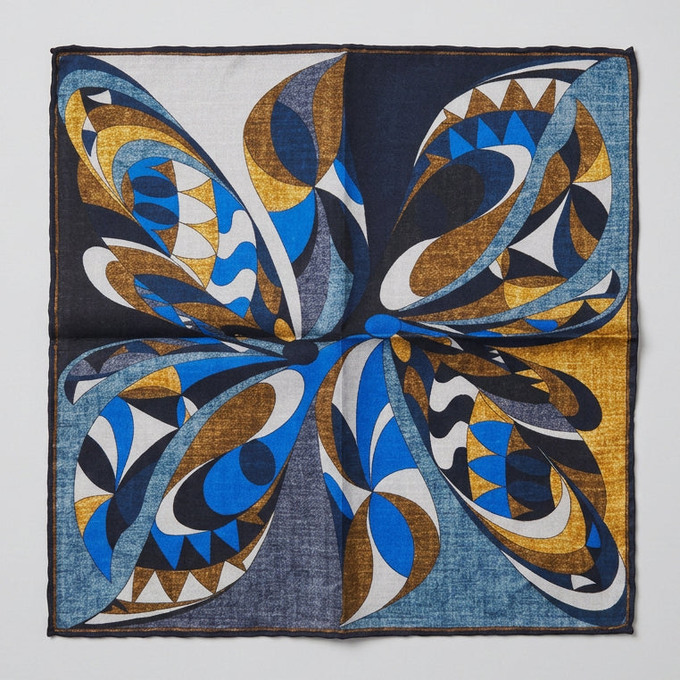 Italian Silk Pocket Square - Swirling Geometric Blue Pattern