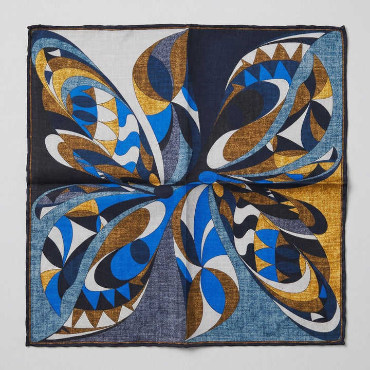 Italian Silk Pocket Square - Swirling Geometric Blue Pattern