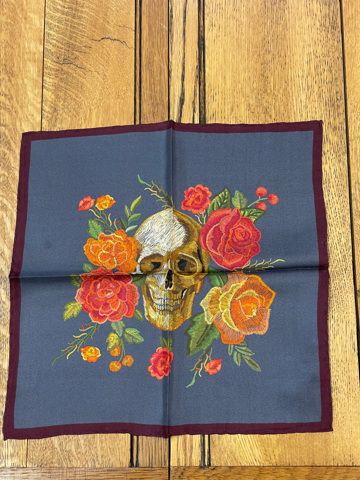 Italian Silk Pocket Square - Skull and Roses