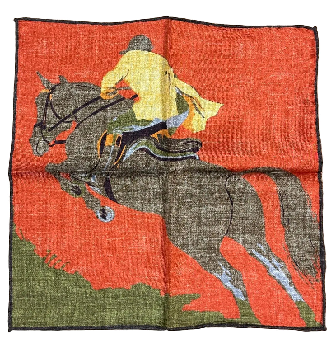 Italian Silk Pocket Square - Horse Jumping Orange
