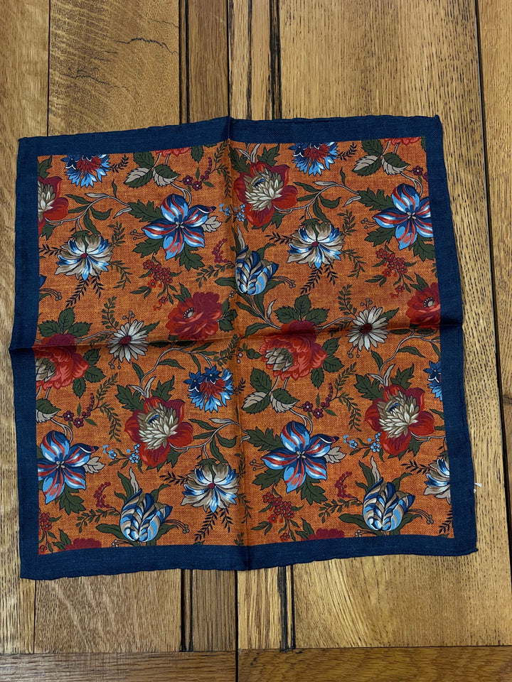 Italian Silk Pocket Square - Floral Design Orange