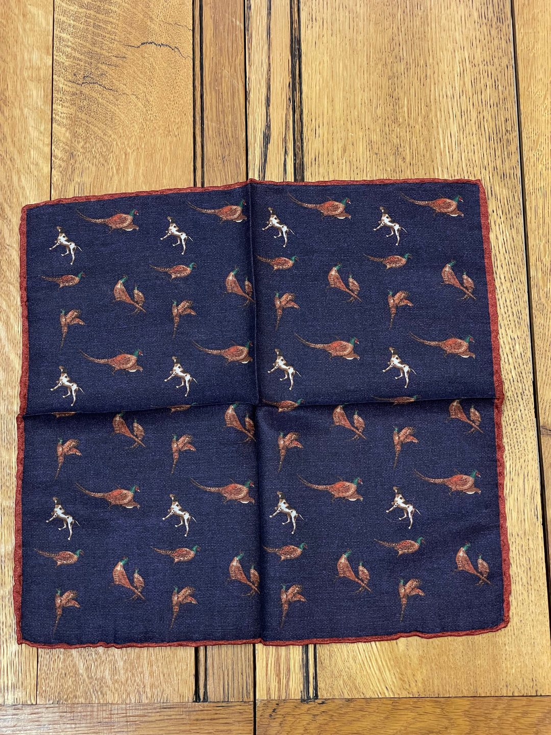 Italian Wool and Silk Pocket Square - Pheasants and Dog Navy