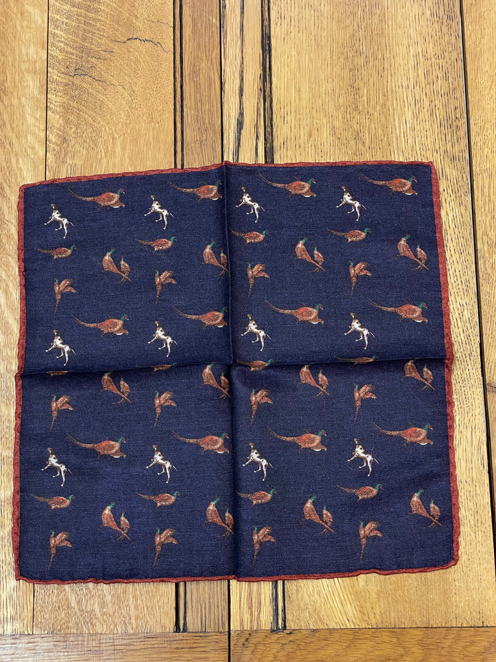 Italian Wool and Silk Pocket Square - Pheasants and Dog Navy