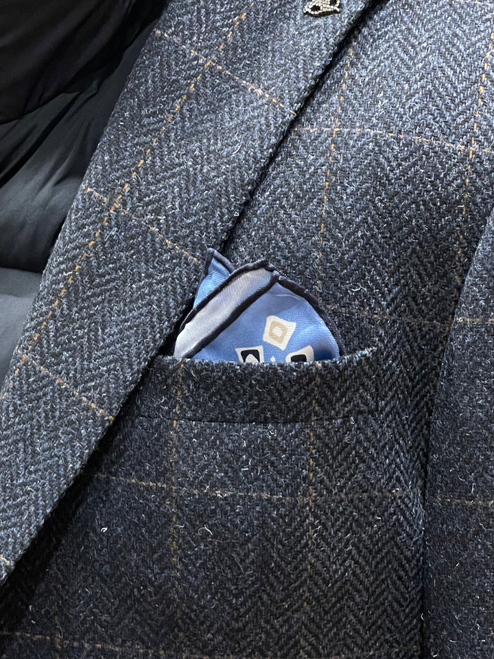 Italian Silk Pocket Square - Blue Geometric Diamond and Square