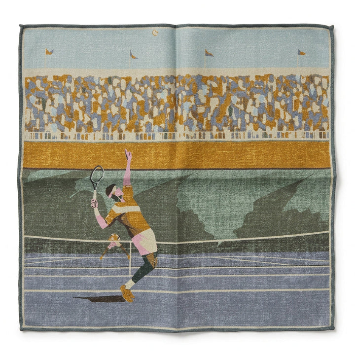 Italian Silk Pocket Square - Vintage Tennis Scene