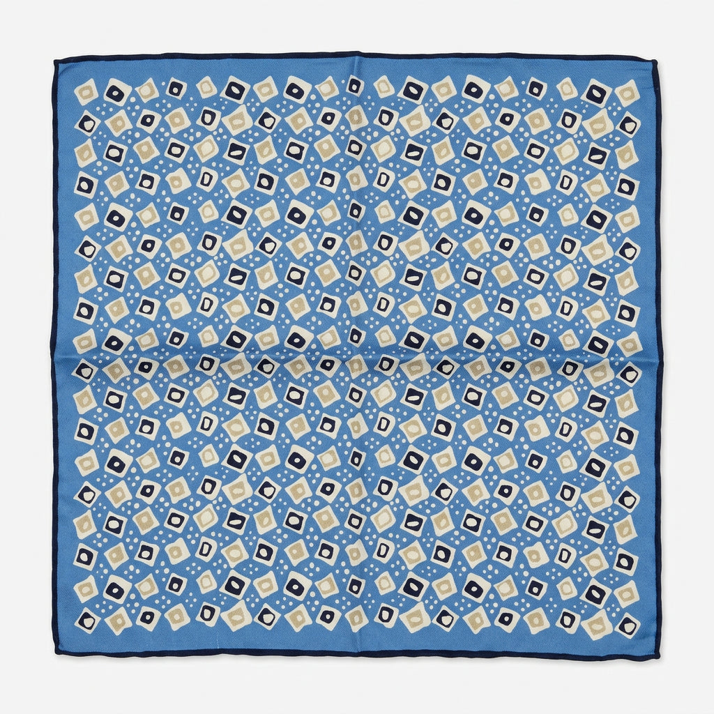 Italian Silk Pocket Square - Blue Geometric Diamond and Square