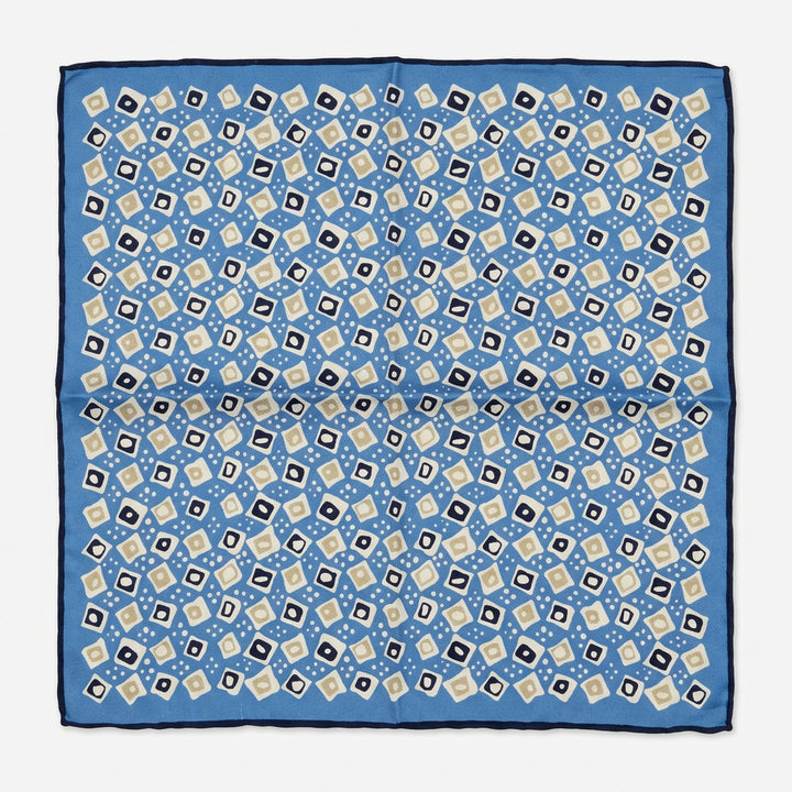 Italian Silk Pocket Square - Blue Geometric Diamond and Square