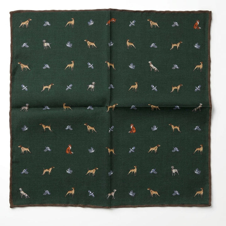 Italian Wool Pocket Square - Country Sporting Animals Green