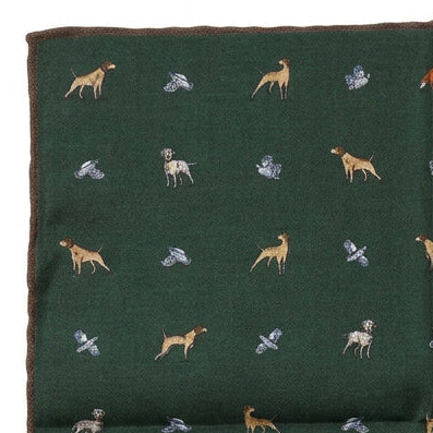 Italian Wool Pocket Square - Country Sporting Animals Green