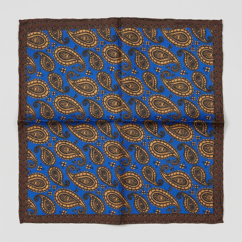 Italian Silk Pocket Square - Brown and Blue Paisley