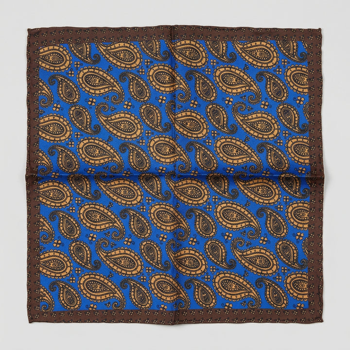 Italian Silk Pocket Square - Brown and Blue Paisley