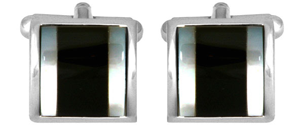 Onyx with Mother of Pearl Bands Curved Rhodium Plated Cufflinks