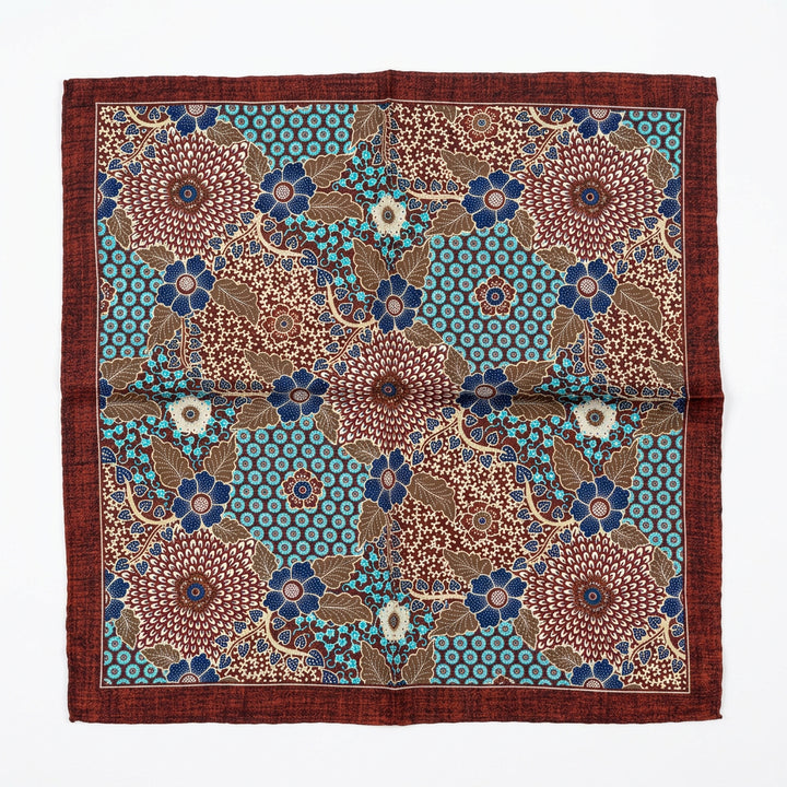 Italian Silk Pocket Square - Turquoise and Wine Floral Design