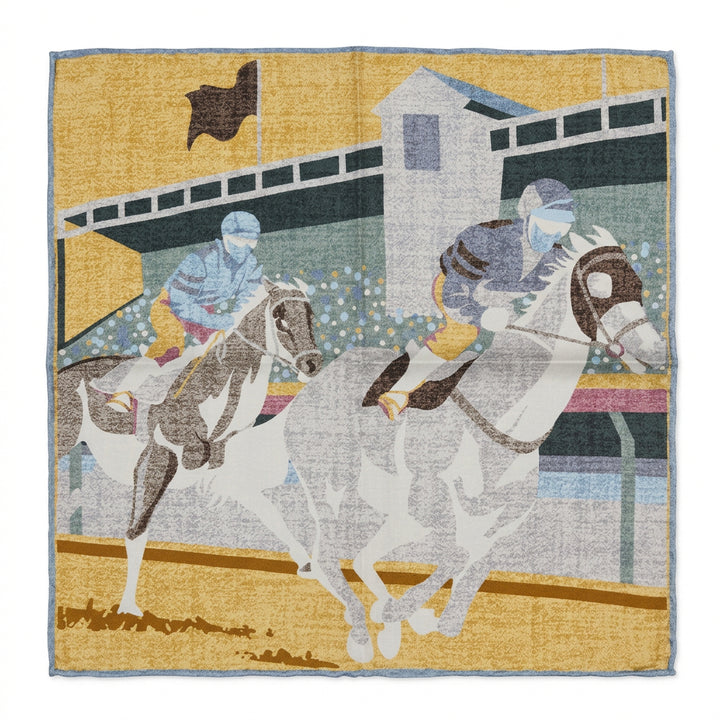 Italian Silk Pocket Square - Race Horse Scene Yellow