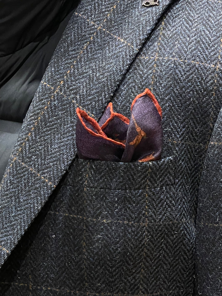 Italian Wool and Silk Pocket Square - Pheasants and Dog Navy
