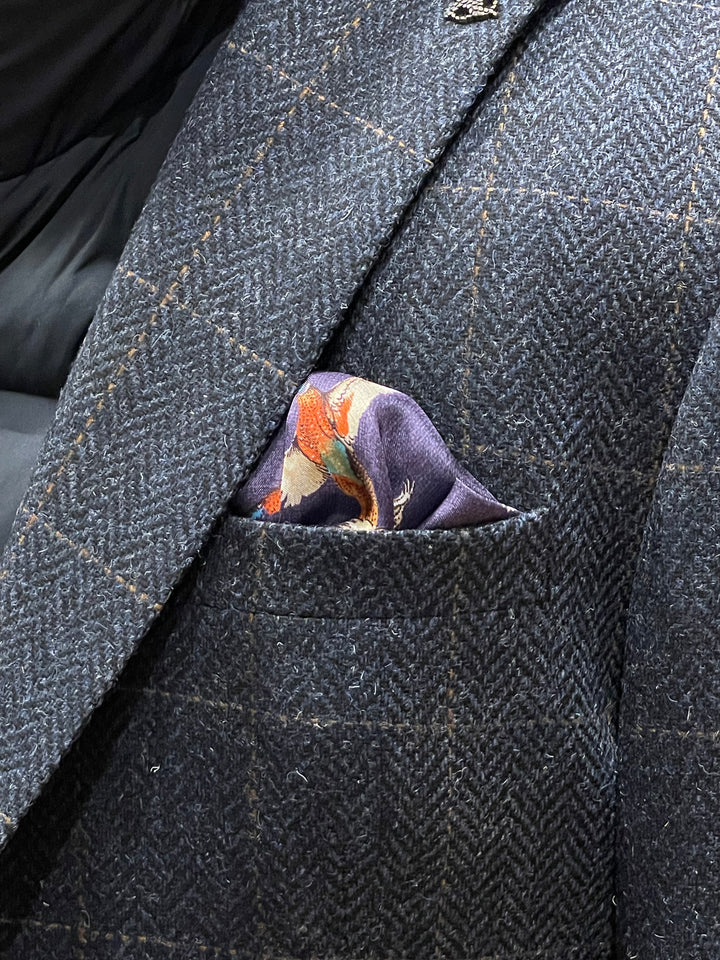 Italian Wool and Silk Pocket Square - Flying Pheasants Purple