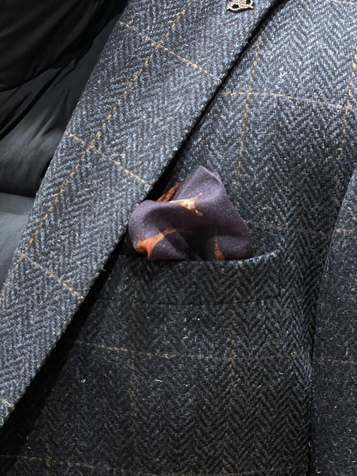 Italian Wool and Silk Pocket Square - Pheasants and Dog Navy