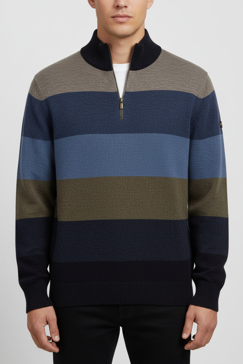 Baileys Wool Striped 1/4 Zip Jumper - Dark Denim