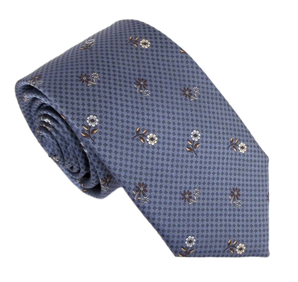Neat Chequered Flower Red Label Silk Tie - Blue