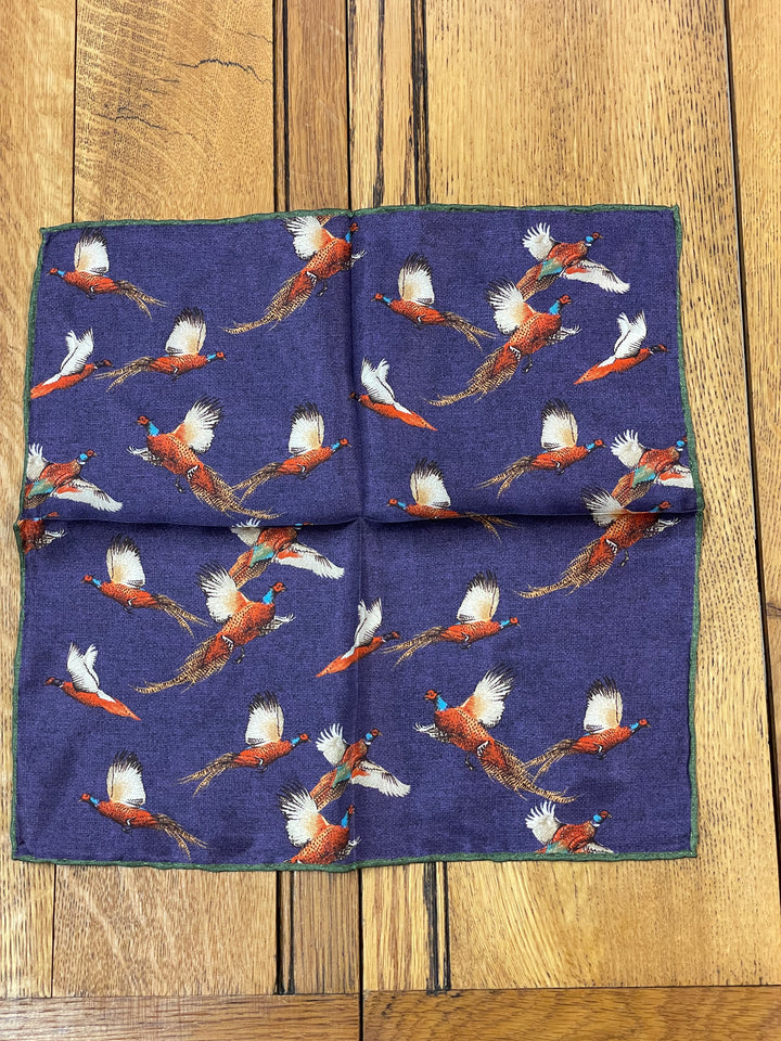 Italian Wool and Silk Pocket Square - Flying Pheasants Purple