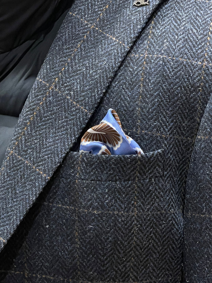 Italian Silk Pocket Square - Art Deco Styled Geometric Design Light Blue