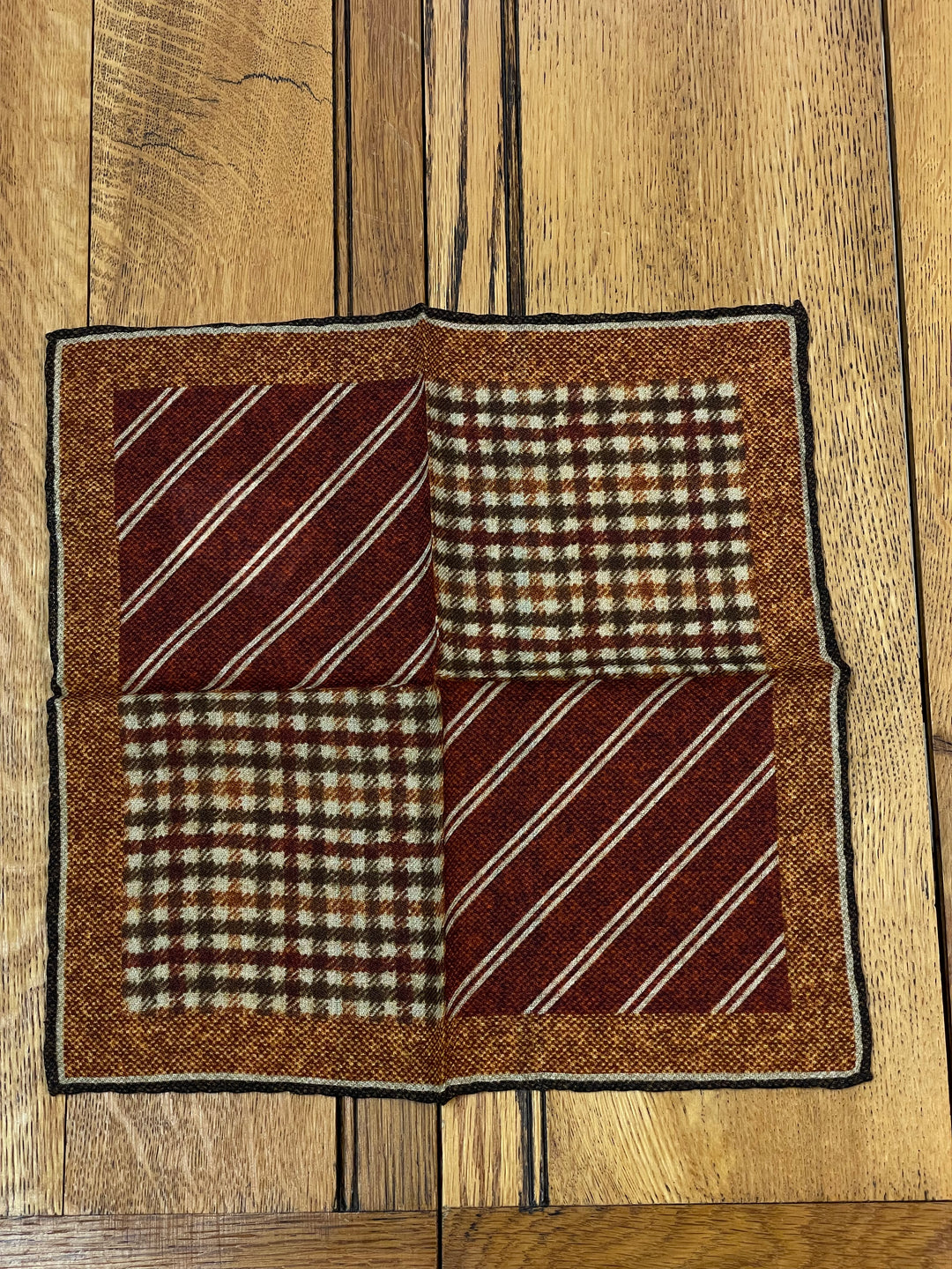 Italian Wool Pocket Square - Classic Check and Stripe Dark Orange