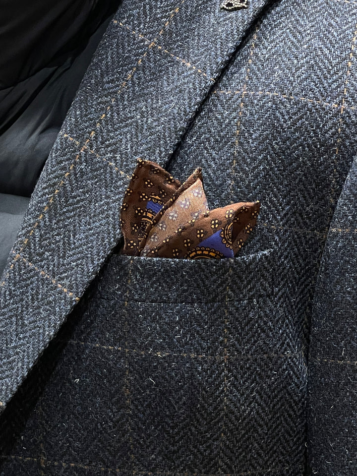 Italian Silk Pocket Square - Brown and Blue Paisley