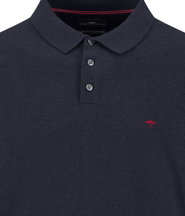 Fynch Hatton Cotton and Cashmere Long Sleeve Polo Shirt - Navy