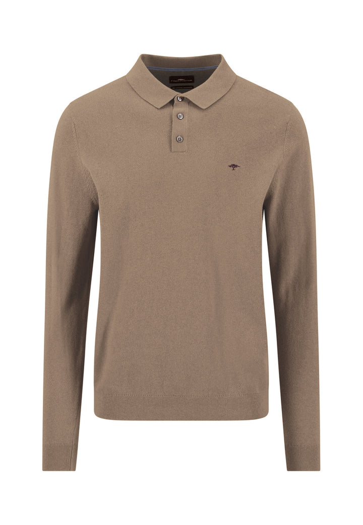 Fynch Hatton Cotton and Cashmere Long Sleeve Polo Shirt - Taupe