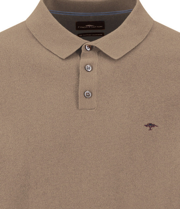 Fynch Hatton Cotton and Cashmere Long Sleeve Polo Shirt - Taupe