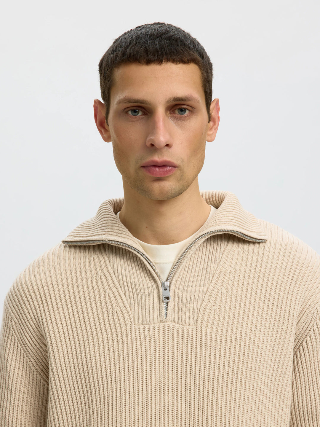 Selected Relaxed Knitted Half Zip Jumper - choclate