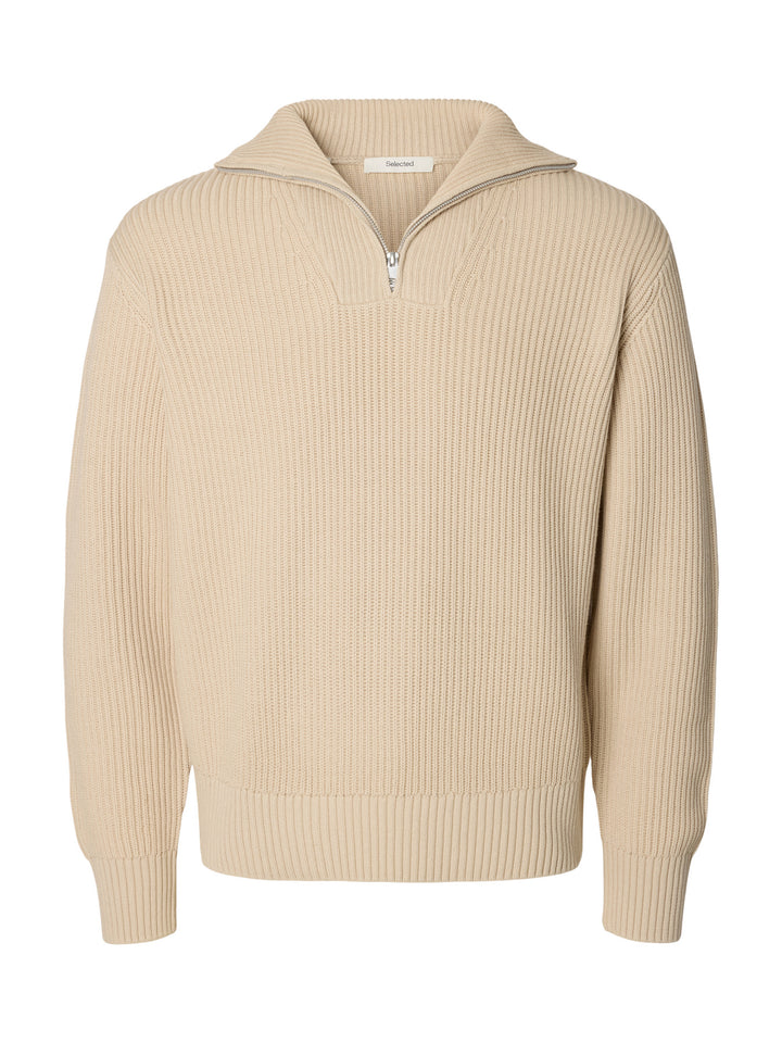 Selected Relaxed Knitted Half Zip Jumper - choclate