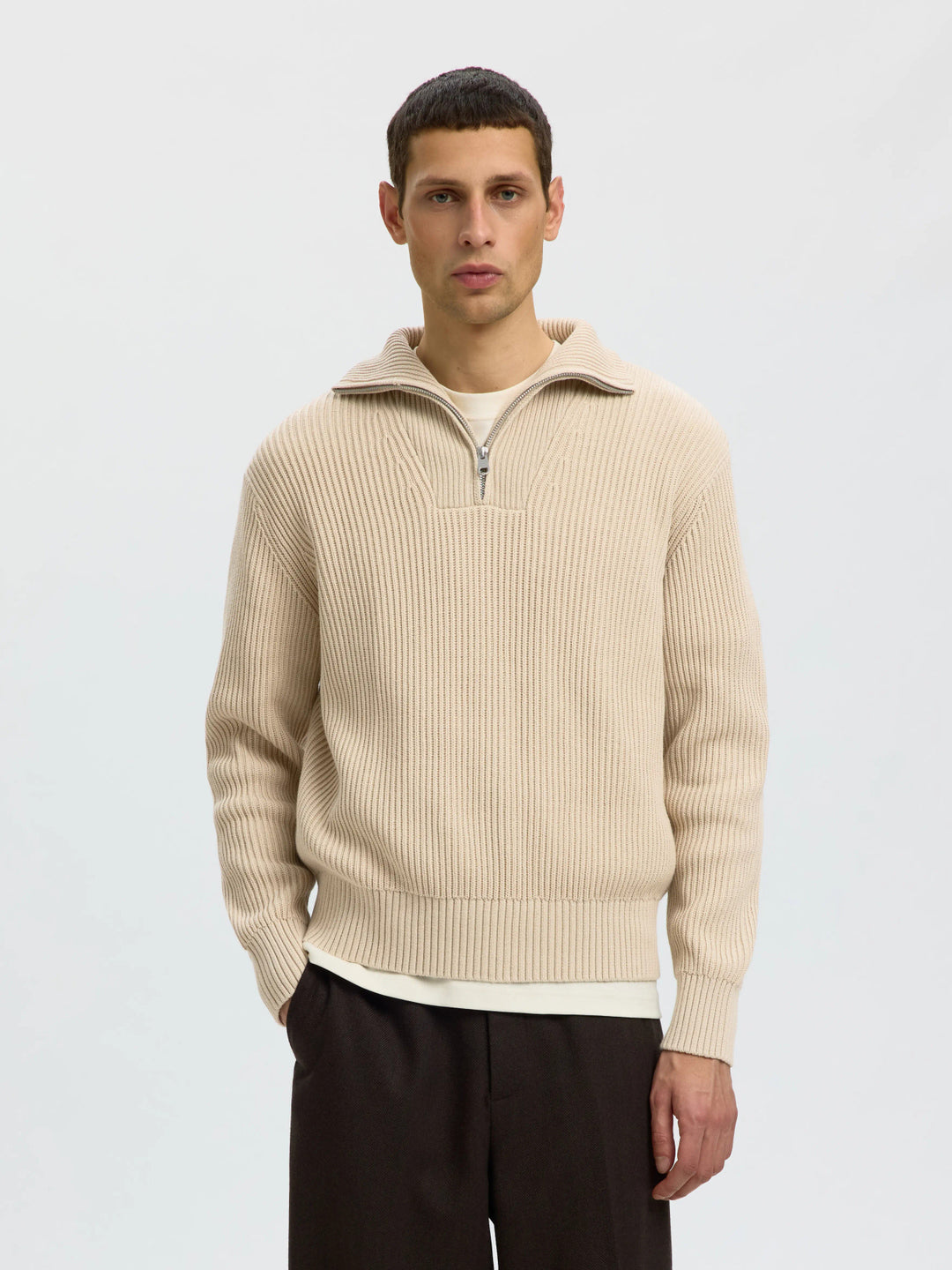 Selected Relaxed Knitted Half Zip Jumper - choclate