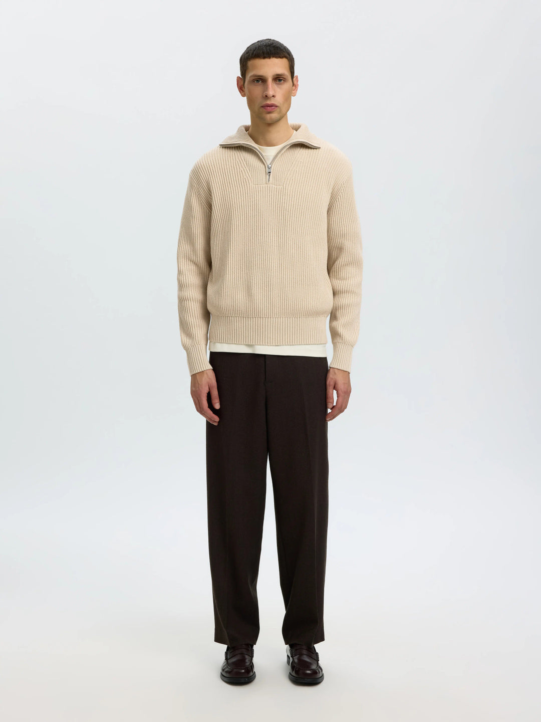Selected Relaxed Knitted Half Zip Jumper - choclate