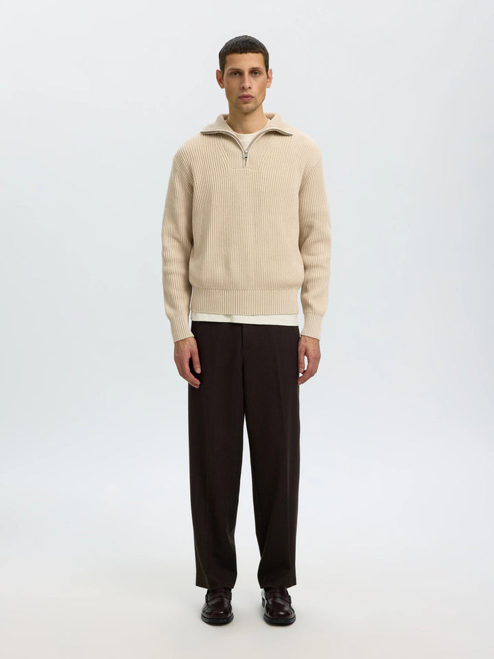Selected Relaxed Knitted Half Zip Jumper - choclate