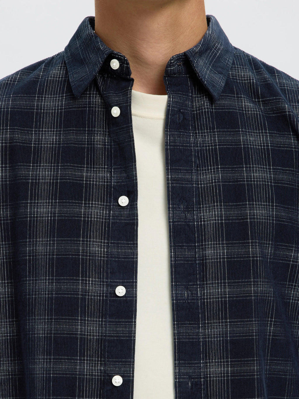 Selected Regular Cord Check Long Sleeve Shirt - Sky Captain Egret