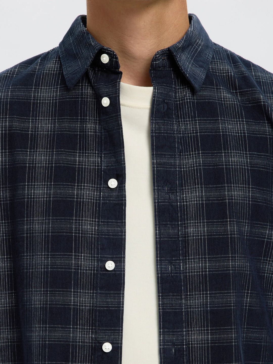 Selected Regular Cord Check Long Sleeve Shirt - Sky Captain Egret