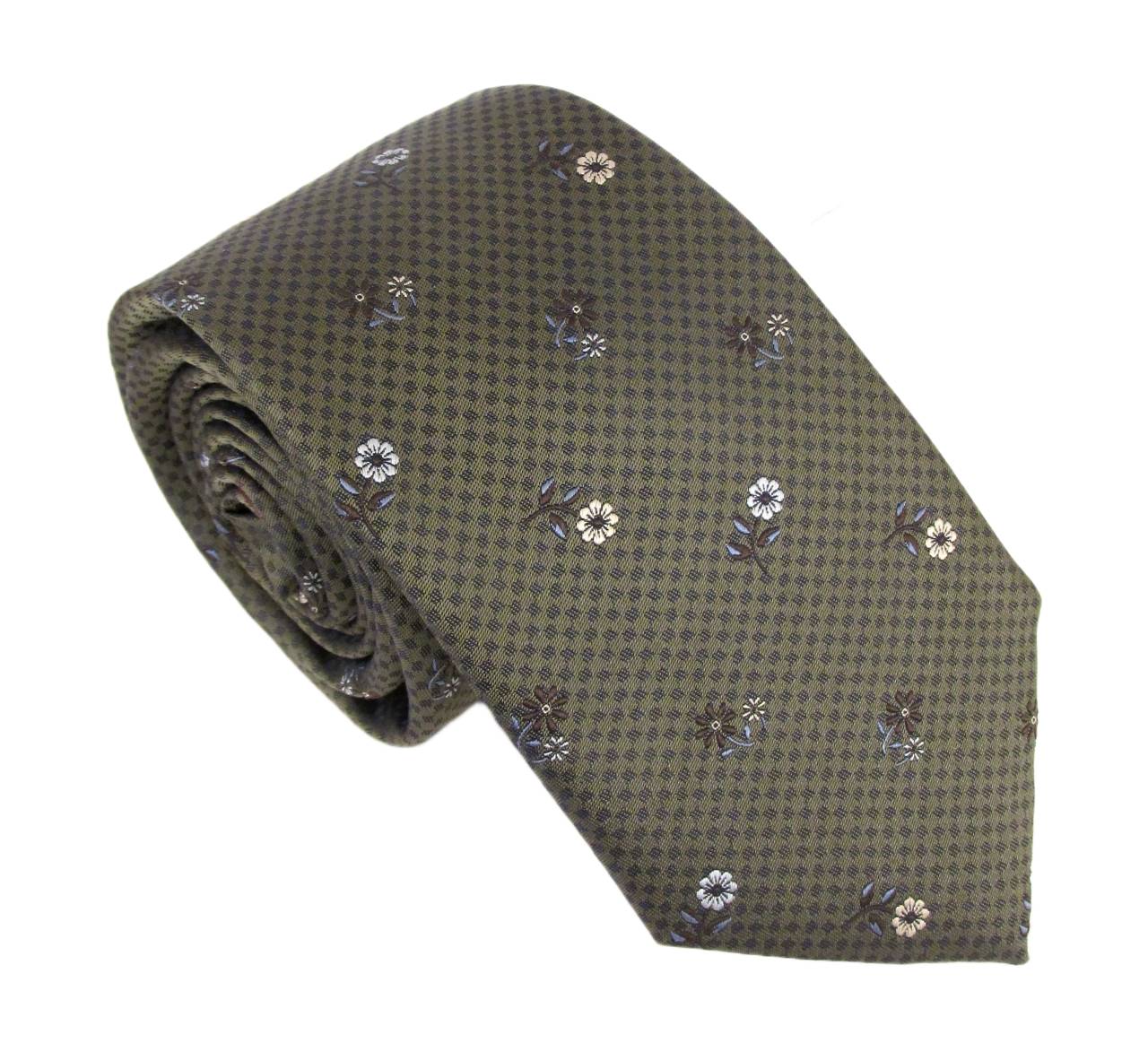 Neat Chequered Flower Red Label Silk Tie - Green