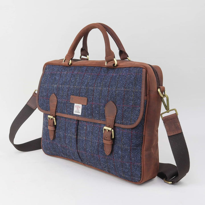 Harris Tweed and Leather Briefcase - Blue
