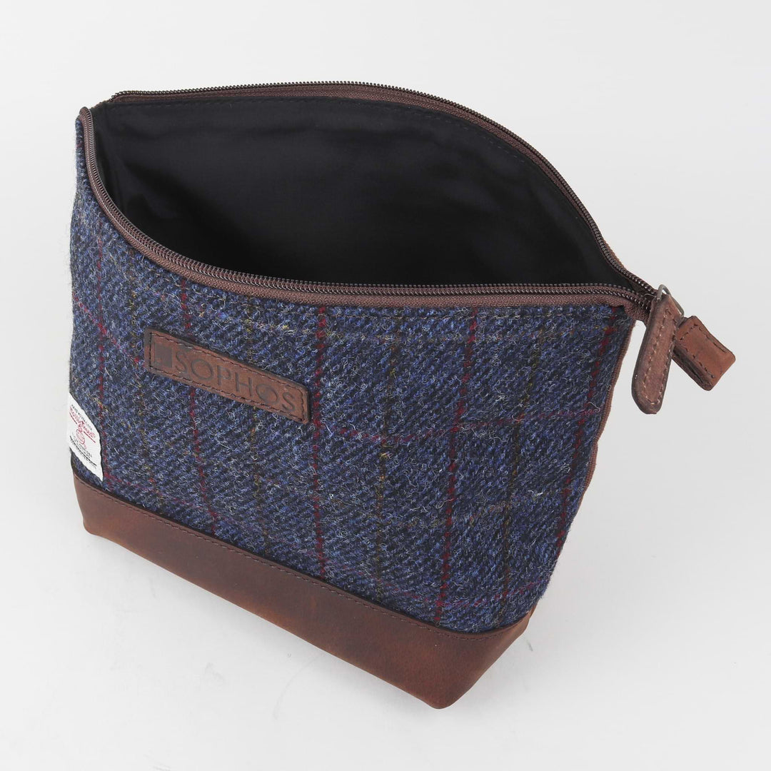 Harris Tweed and Leather Wash Bag - Blue