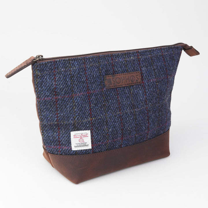 Harris Tweed and Leather Wash Bag - Blue