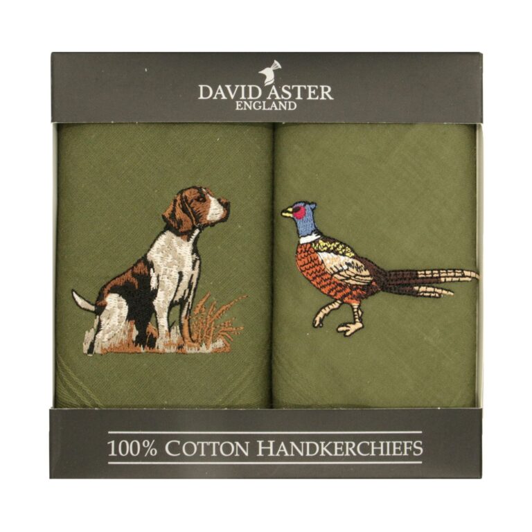 Pheasant &amp; Hound Embroidered Green Cotton Handkerchiefs