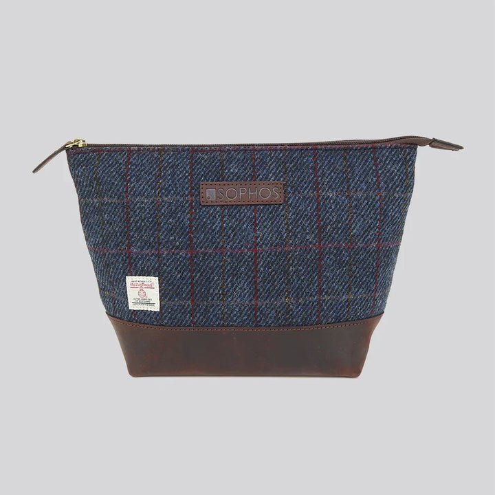 Harris Tweed and Leather Wash Bag - Blue