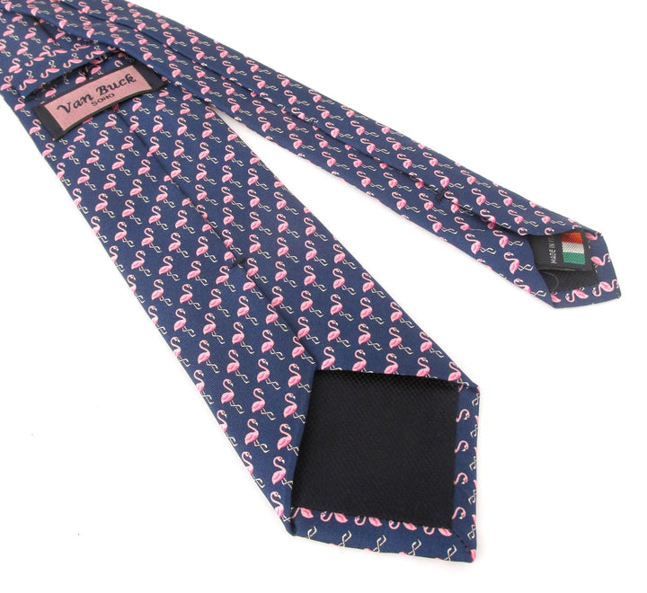 Italian Printed Silk Navy &amp; Pink Flamingo Tie