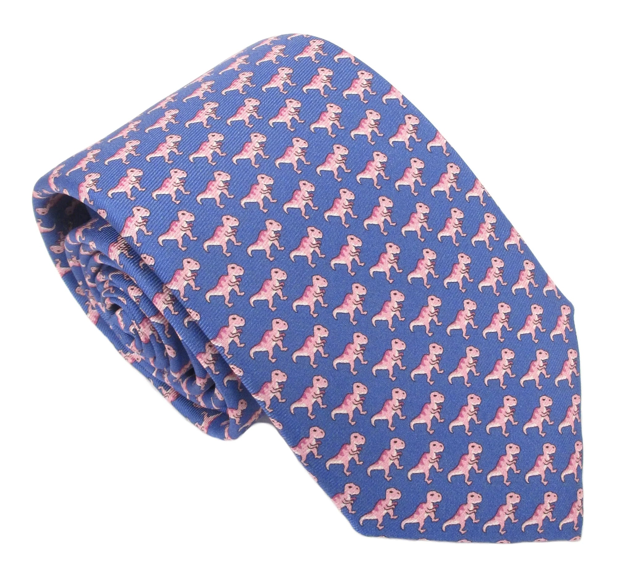Italian Printed Silk Blue & Pink T-Rex Tie
