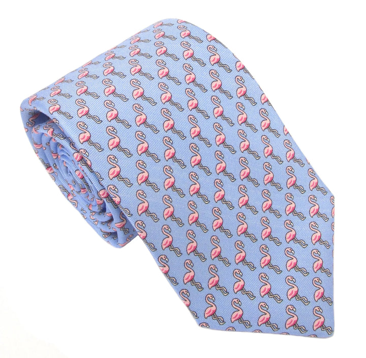 Italian Printed Silk Lt Blue &amp; Pink Flamingo Tie